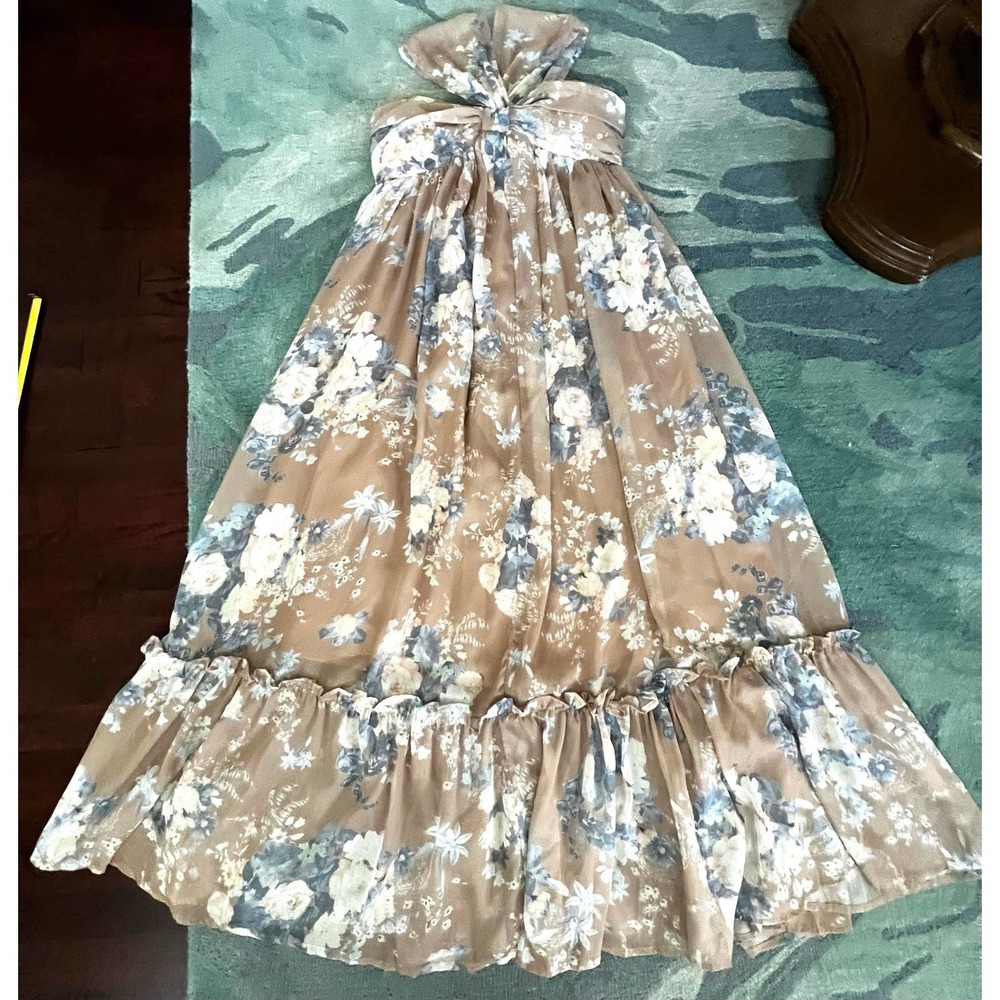 PURPOSE + PASSION Boutique Beige Floral Bandeau Halter Ruffled Maxi Dress Sz S - Picture 11 of 15